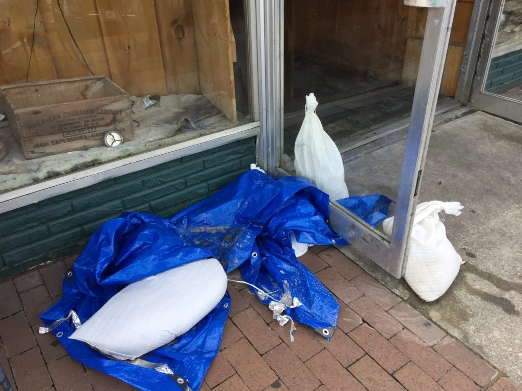 Sandbags on the sidewalk in Georgetown, S.C., Tuesday, Sept. 12, 2017. (Lindsey Leake)
