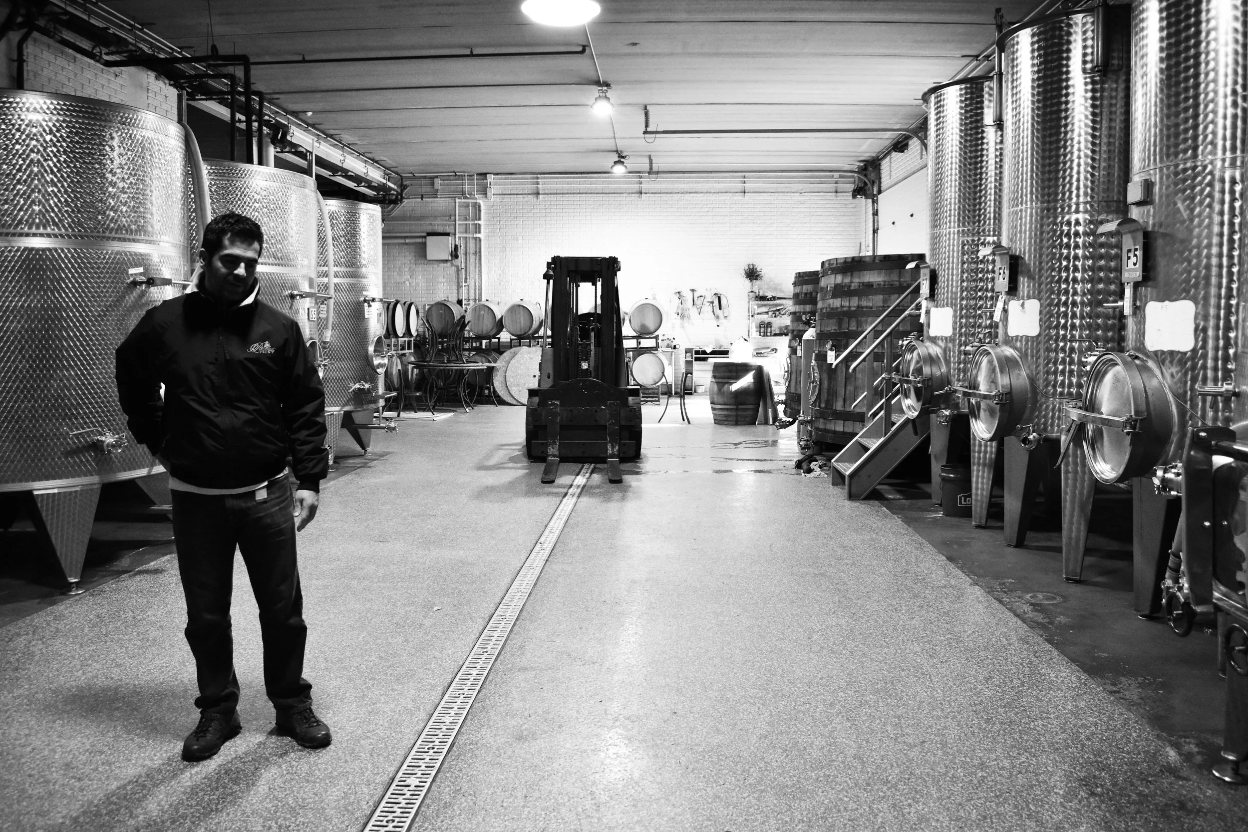 Head winemaker David Pagan Castaño surveys vats at Potomac Point Vineyard and Winery in Stafford, Va., Friday, Feb. 2, 2018. (Lindsey Leake/American University)
