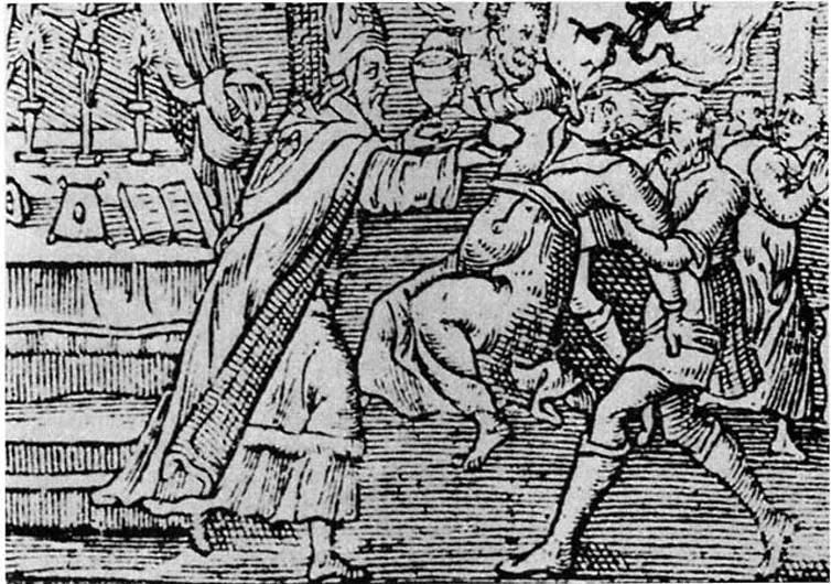 A 1598 woodcut depicts an exorcism. (CC-BY 2.0)