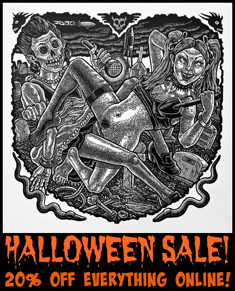 "Bone Rubbin'", Linocut by Tom Huck, 2012