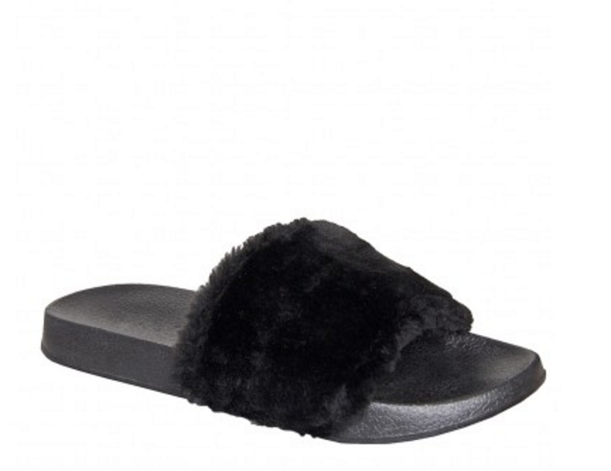 Simmi London Faux fur black sliders click here . To bring the vibe down to a more comfort level with this outfit pair it with these faux fur sliders!