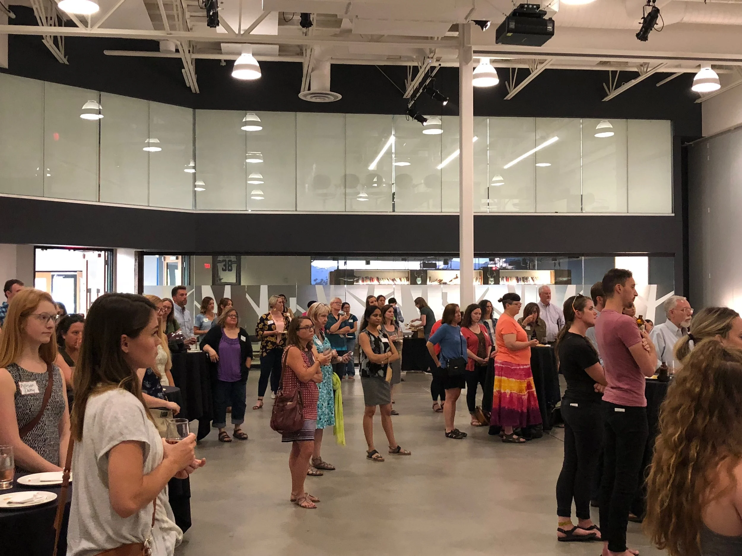 PDXWIT West Side Mixer @ Columbia Sportswear Corporate Headquarters, 8/14/18, Attendees listen to the presentation