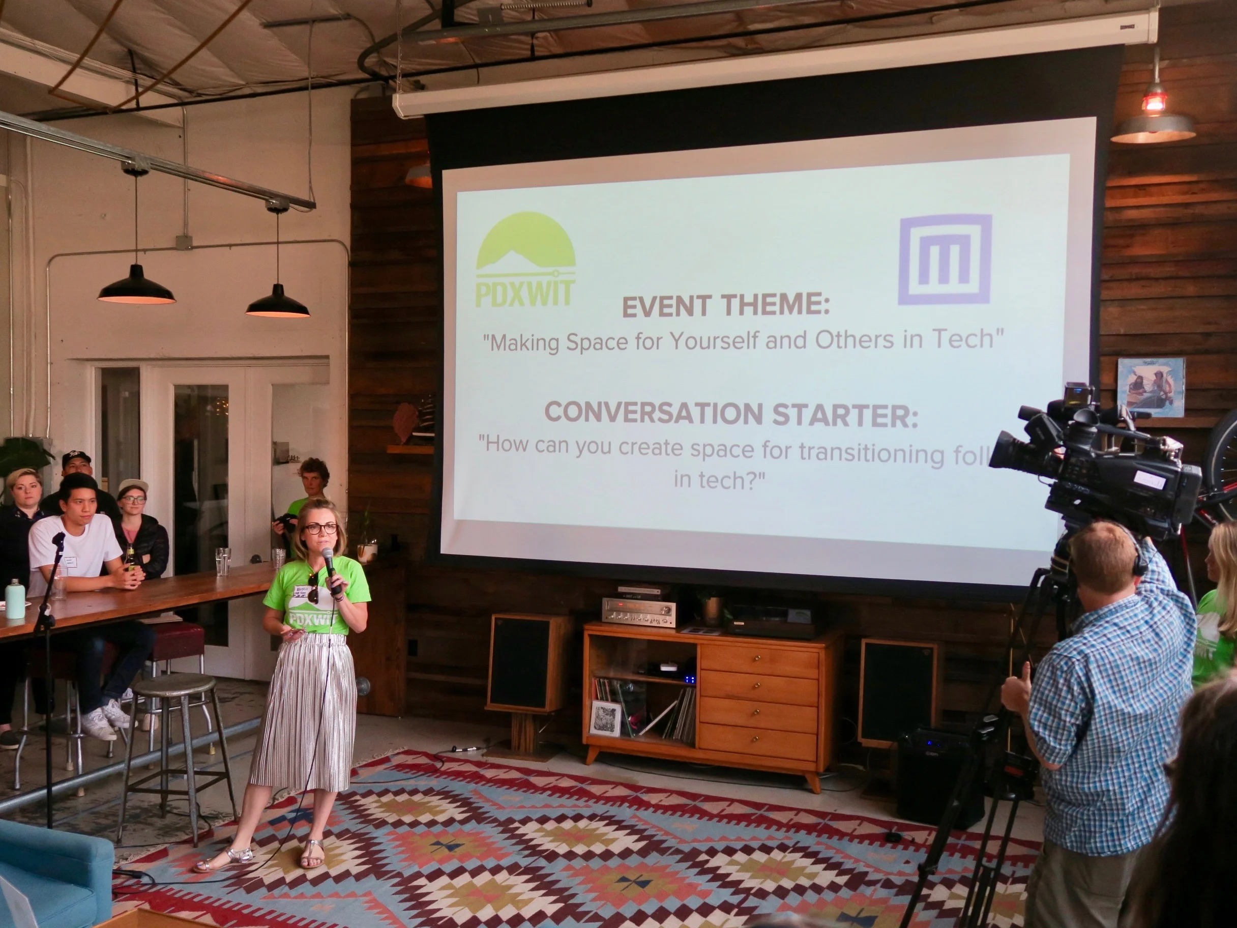 PDXWIT Happy Hour @ Marmoset, 8/21/18, Megan Bigelow, PDXWIT Board President & Founder, opens presentations