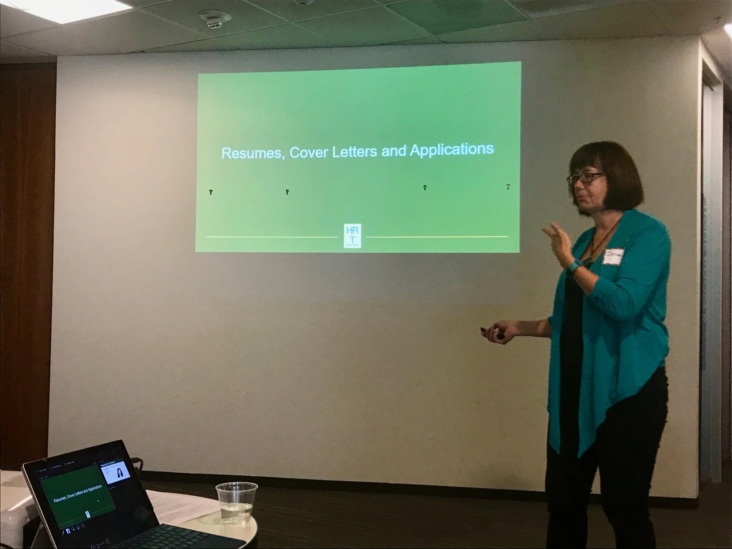 PDXWIT Job Search Skills: Getting the Edge on the Competition @ Corvel, 8/23/18, A speaker presents