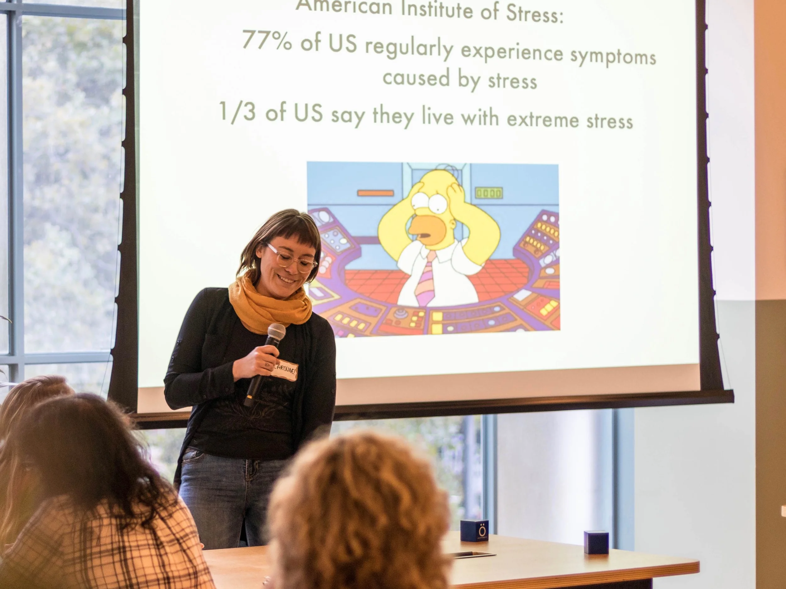 PDXWIT Happy Hour with Schrodinger @ WeWork Pioneer Place, 9/18/18, Caroline Clyburn, licensed massage therapist, presents on self-care, and how it relates to health, happiness, and performance.