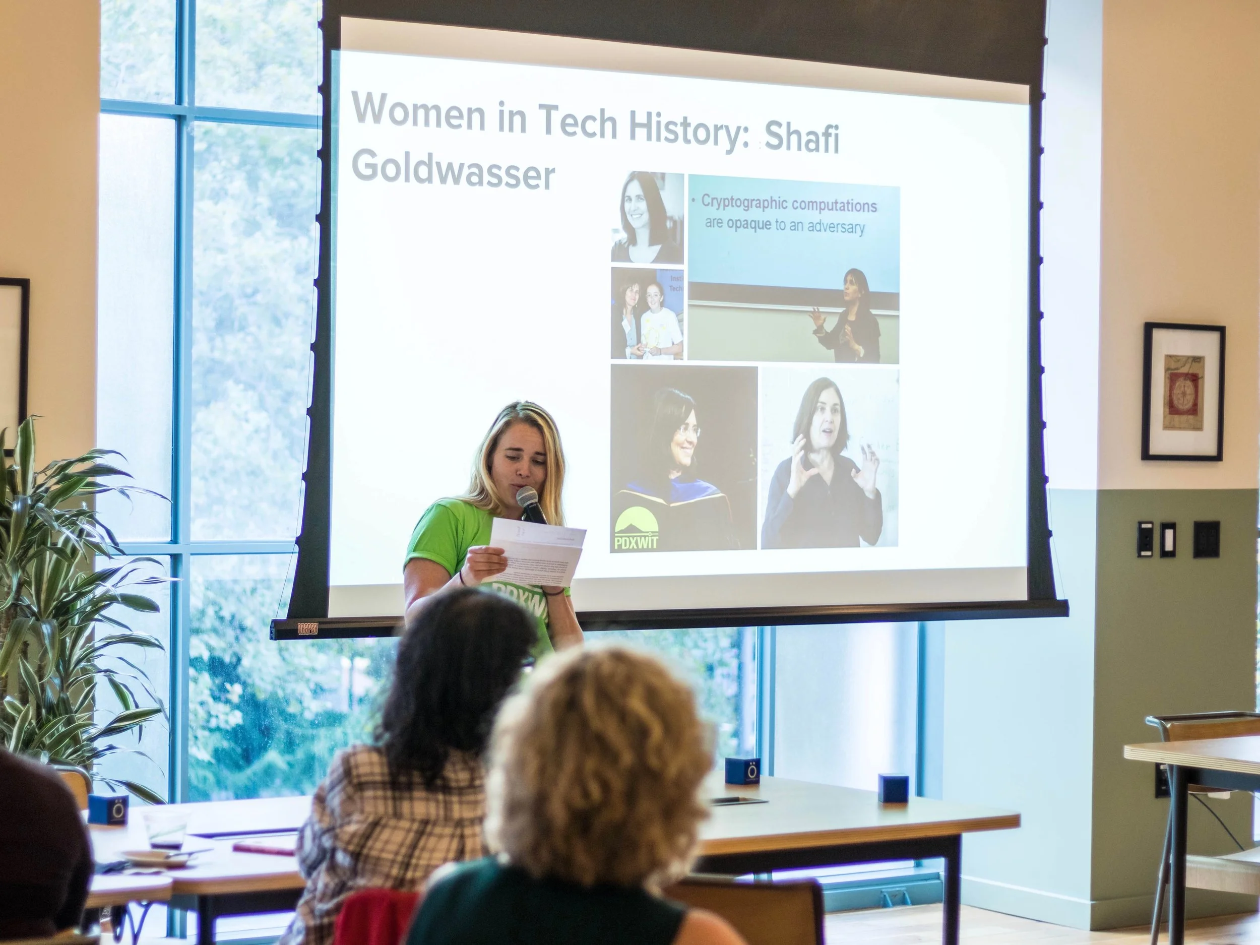 PDXWIT Happy Hour with Schrodinger @ WeWork Pioneer Place, 9/18/18, Elizabeth Stock, PDXWIT Executive Director, presents on the work of Shafi Goldwasser.