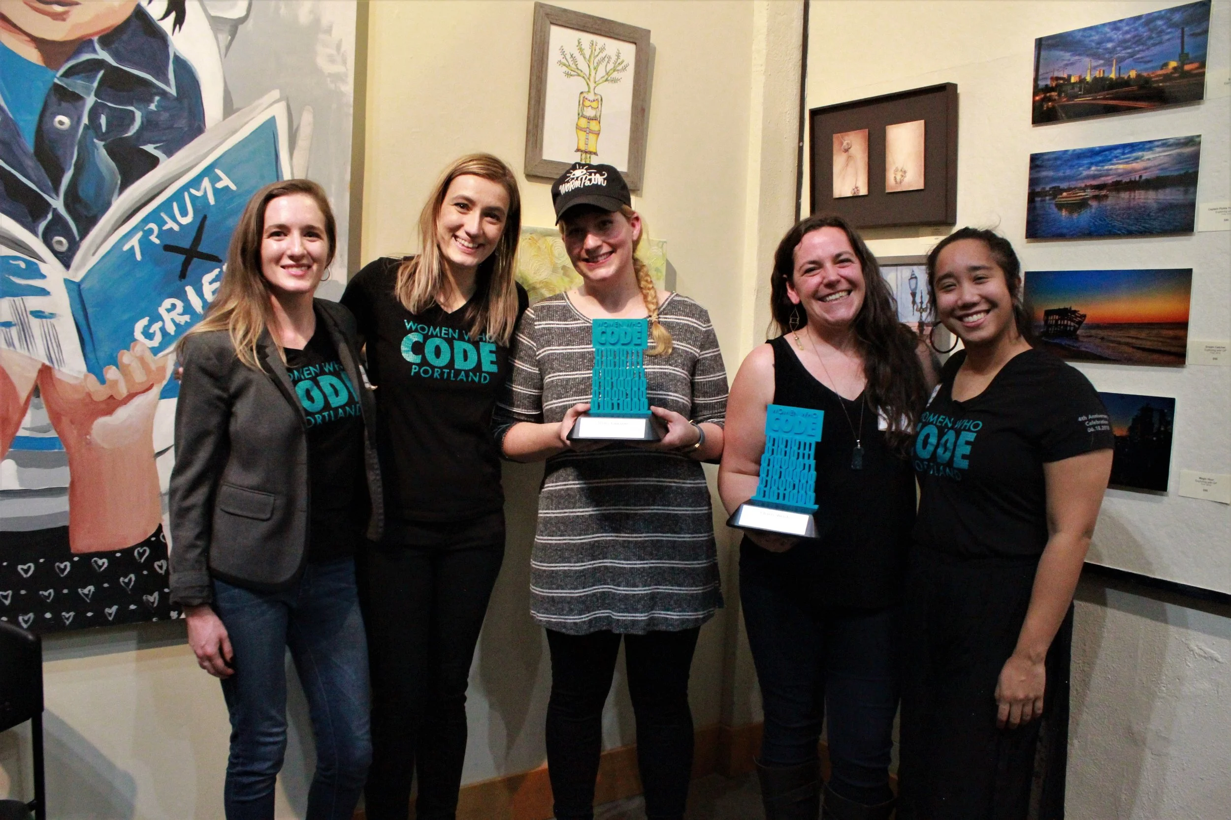 PDXWIT Women + Tech Holiday Party @ p:ear, 12/14/18, Women Who Code award winners pose together for a photo