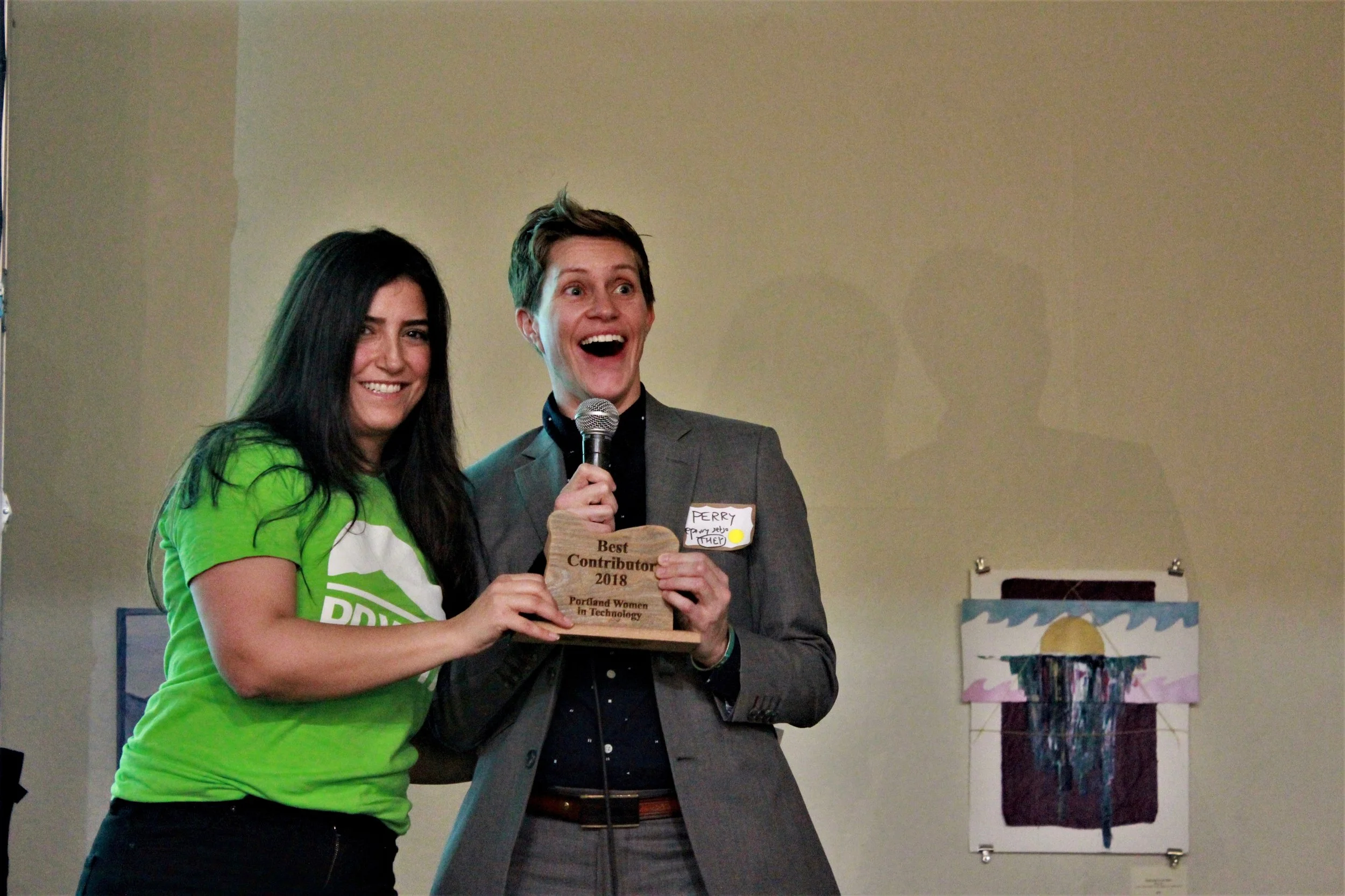 PDXWIT Women + Tech Holiday Party @ p:ear, 12/14/18, Perry Eising receives a Best Contributor award