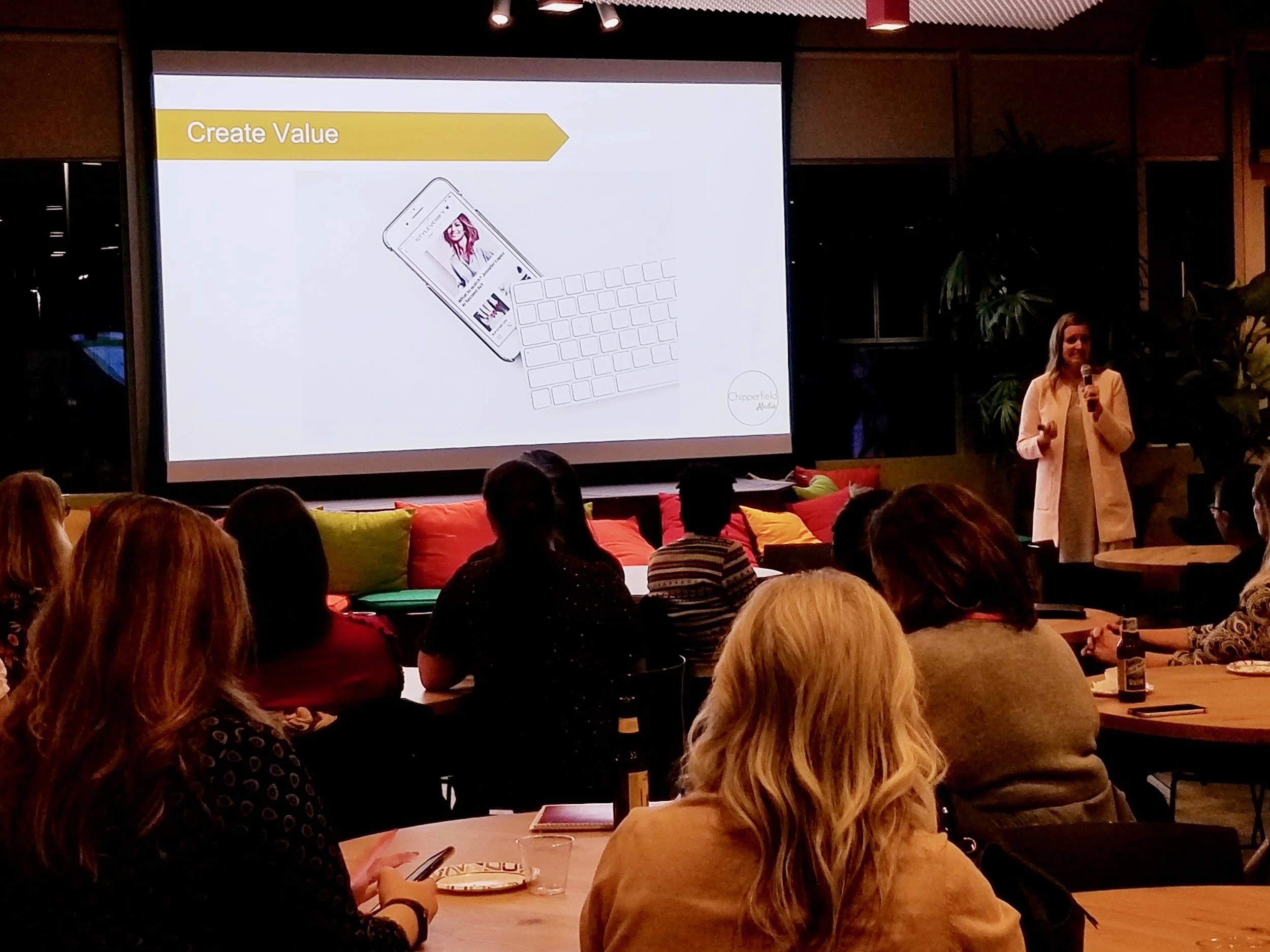 PDXWIT West Side Mixer @ Salesforce, 12/11/18, Charlotte Chipperfield, CEO of Chipperfield Media, presents