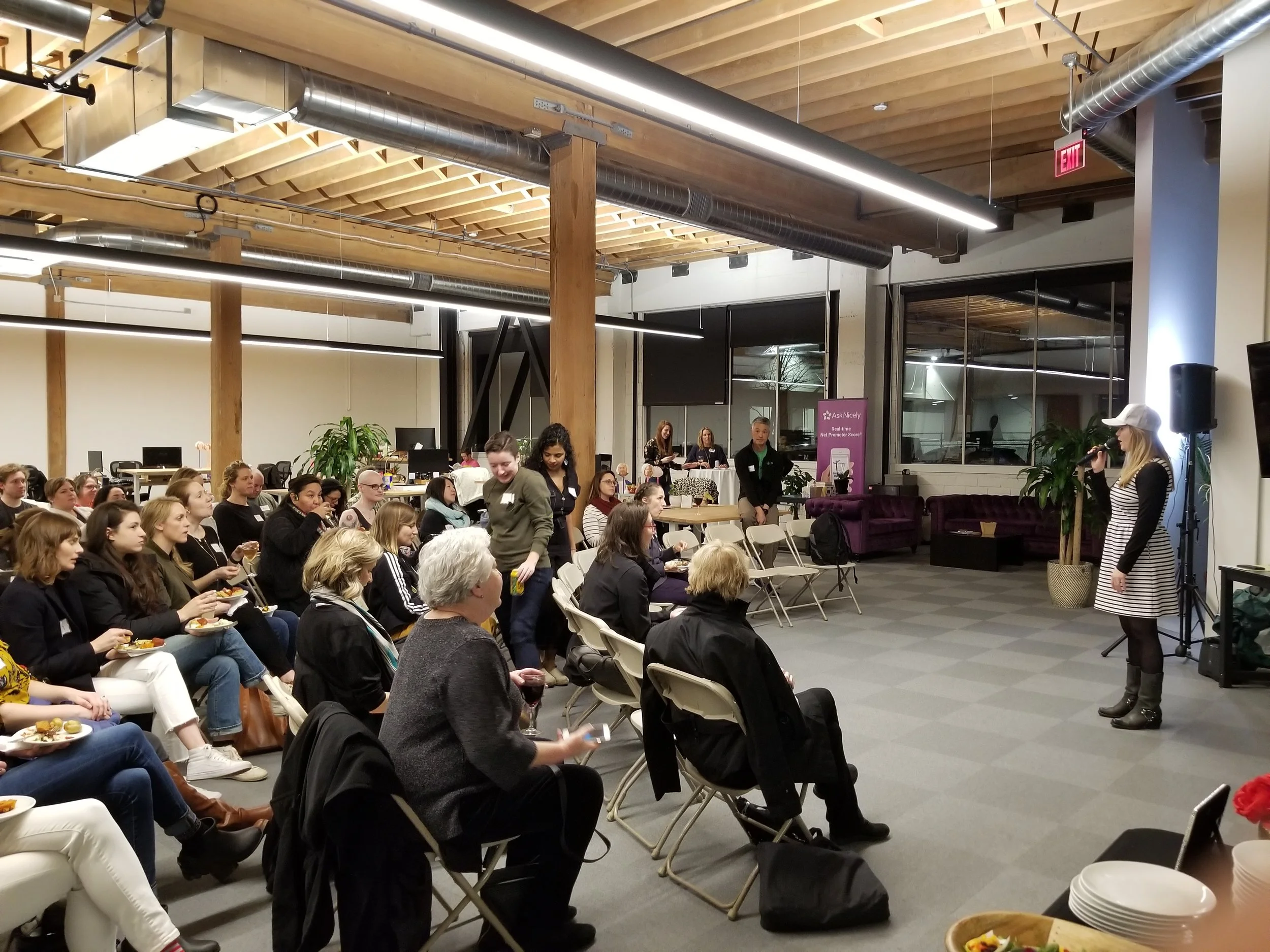 PDXWIT Blockchain 101 @ Ask Nicely, 1/23/19, Elizabeth Stock - PDXWIT Executive Director - opens presentations