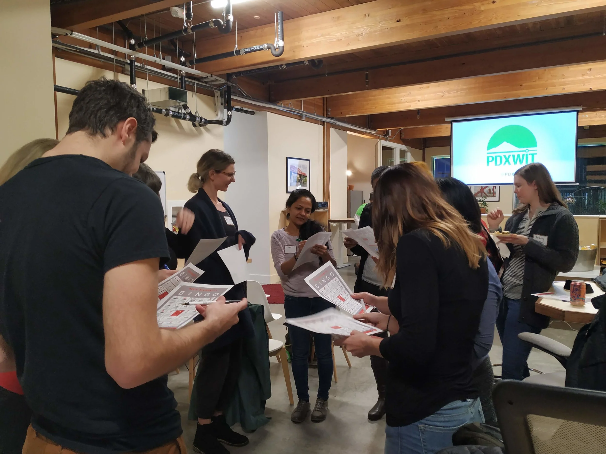 PDXWIT Volunteer Info Night @ TENPod, 2/11/19, Attendees mingle