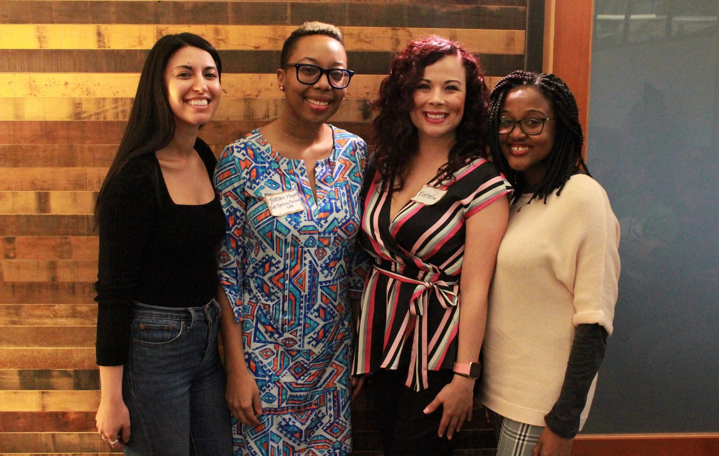 PDXWIT Creative Women in Tech @ R2C, 3/27/19, speakers Nadya, Jordan, Natalie, and Arlyne pose for a photo