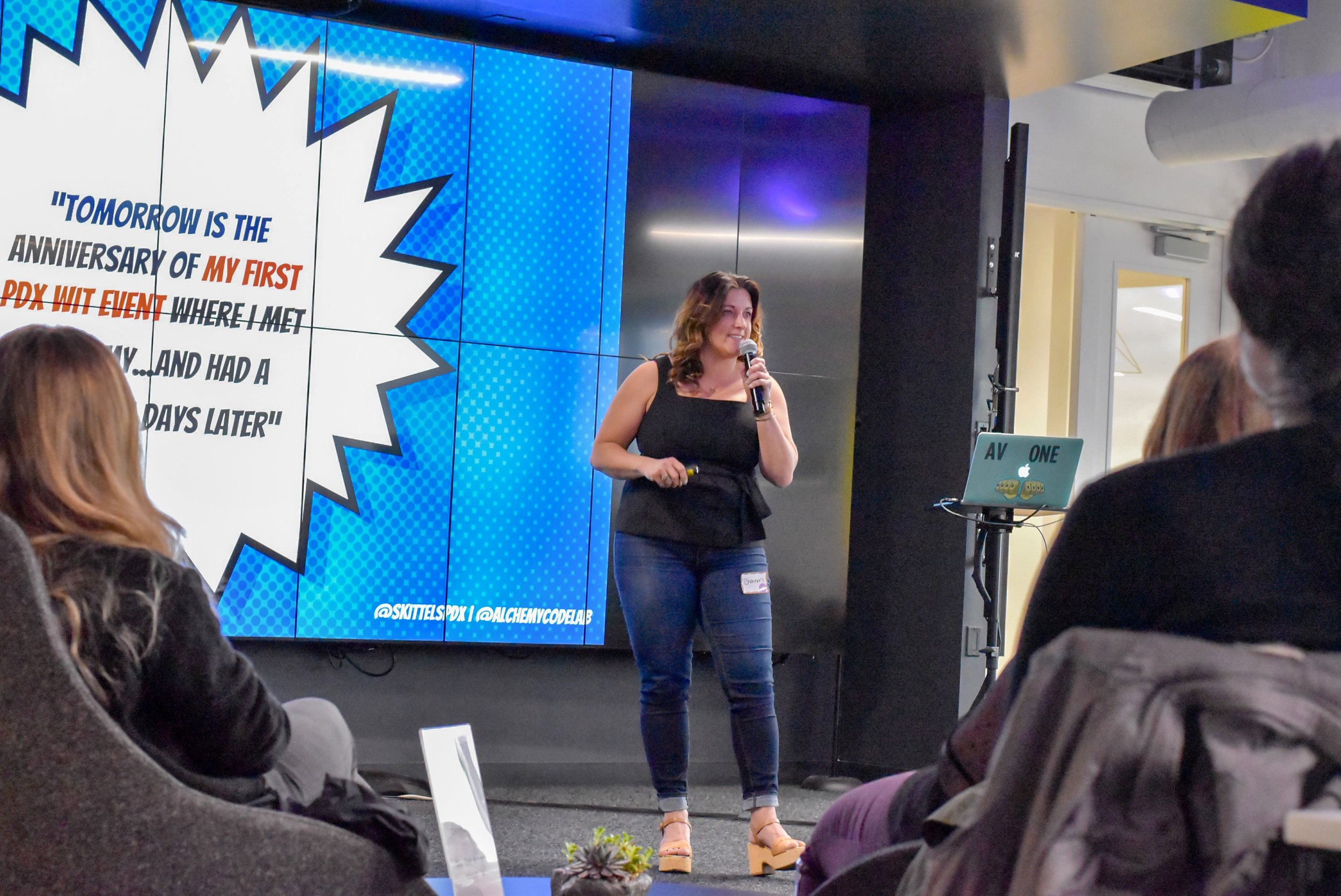 PDXWIT April Happy Hour @ New Relic, 4/16/19, Shannon Wolcott - Marketing and Career Services Director at Alchemy Code Lab - speaks