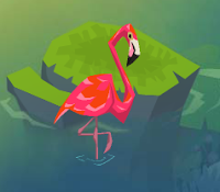 Flamingo (wades near former perch of the honking bird) lower middle part of ocean bay