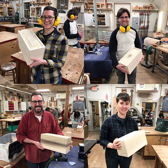 Last nights &ldquo;Basic Box&rdquo;  graduating class!  To introduce beginning woodworkers to the craft of working with solid wood we teach them how to make this Poplar box from rough sawn lumber. This box was originally designed to hold whale blubbe