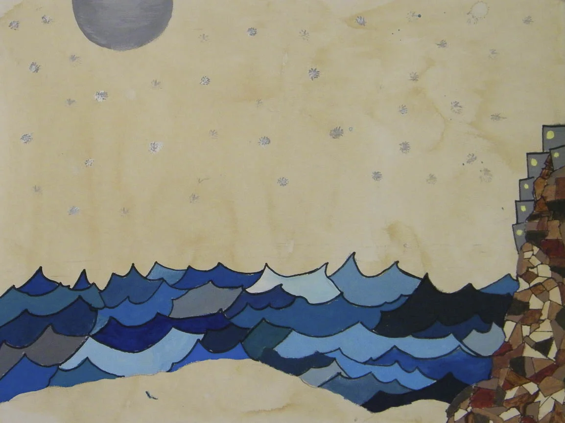 While exploring tints, tones and shades of color, students looked at the work of Kelly Ording, an artist influenced by traditional Chinese brush painting. Students were challenged to create fantastical landscapes and we spent time looking at how one can use compositional elements to move eyes around a painting.