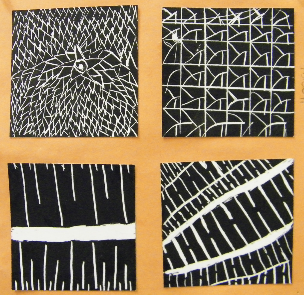 After a walk around the neighborhood, students created sgraffito style thumbnail sketches of patterns found.