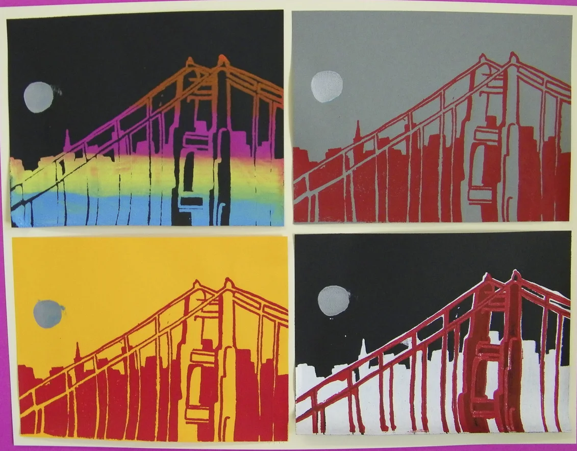 Students explored silkscreening as a pop culture alternative to traditional etching and relief printing.