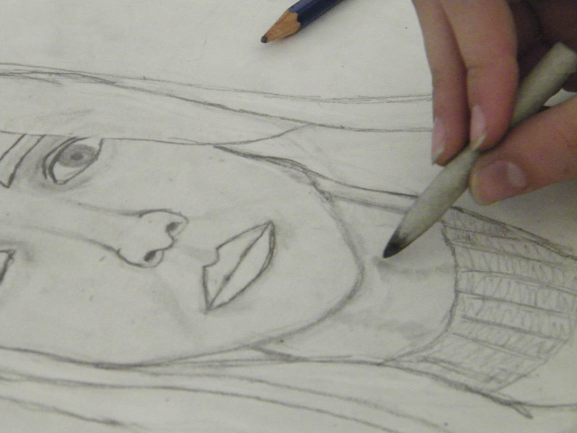 Although never an easy thing in middle school, students spent a long time looking at the proportion of features on their face to complete self-portraits.