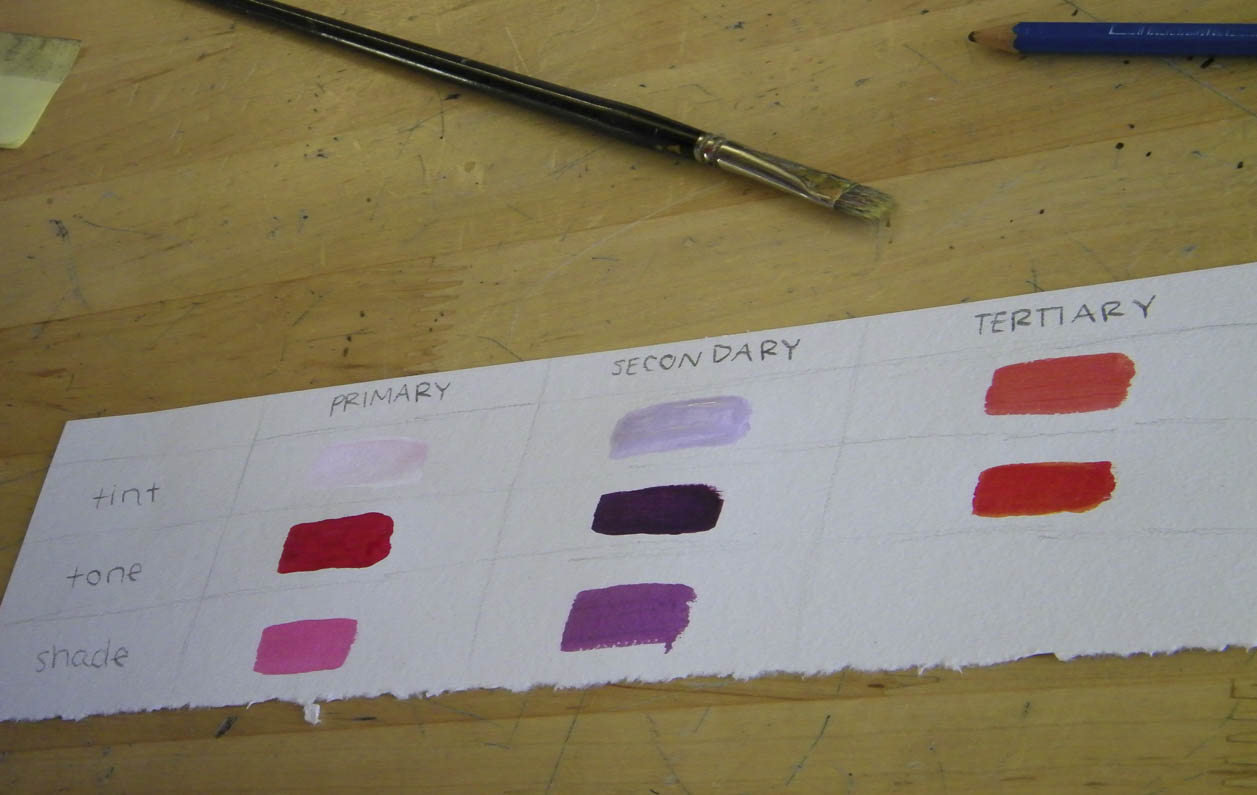 Students mix tints, tones and shades of different colors to see the multitude of options available to them.