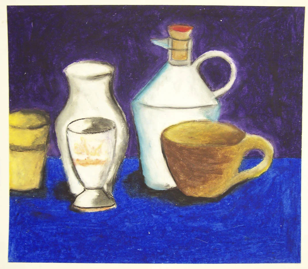 After looking at the work of Georgio Morandi, students practiced drawing cylindrical shapes in oil pastel, focusing on the relationship between objects to create their composition.