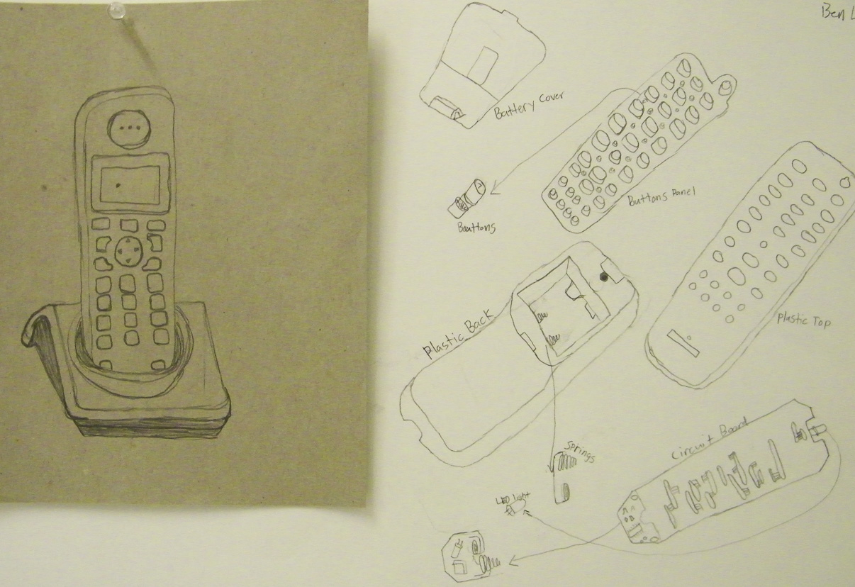 After taking apart machines to find out what was inside, students used the images as a basis for a contour line drawing exercise.
