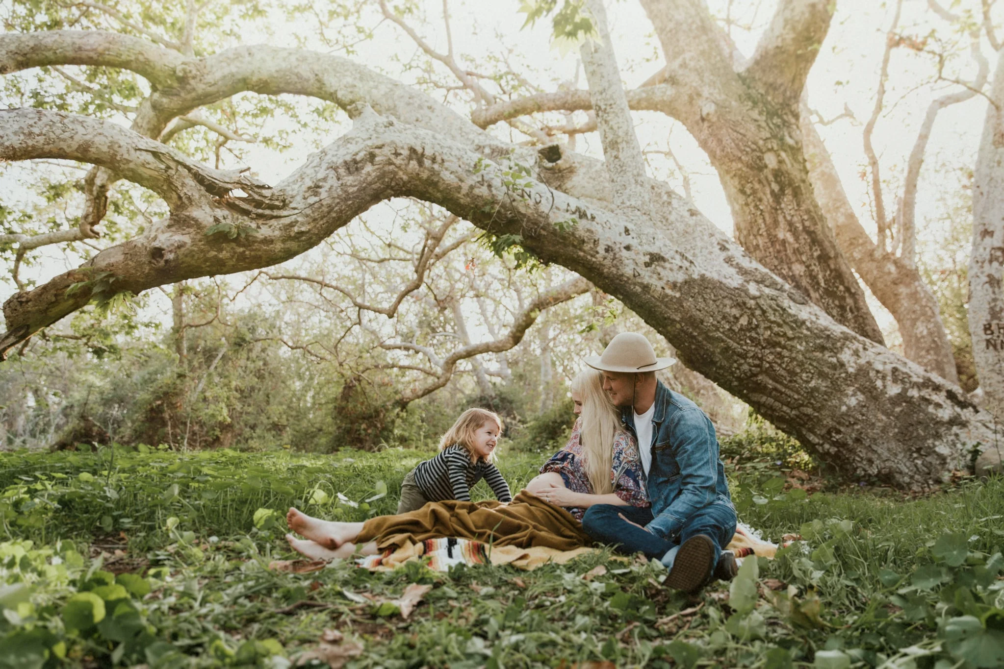 A photograph of a mother-to-be and her family, sitting on a blanket underneath a tree in this maternity photography session by Lauren Giuffré Photography, a Boise Idaho maternity photographer.