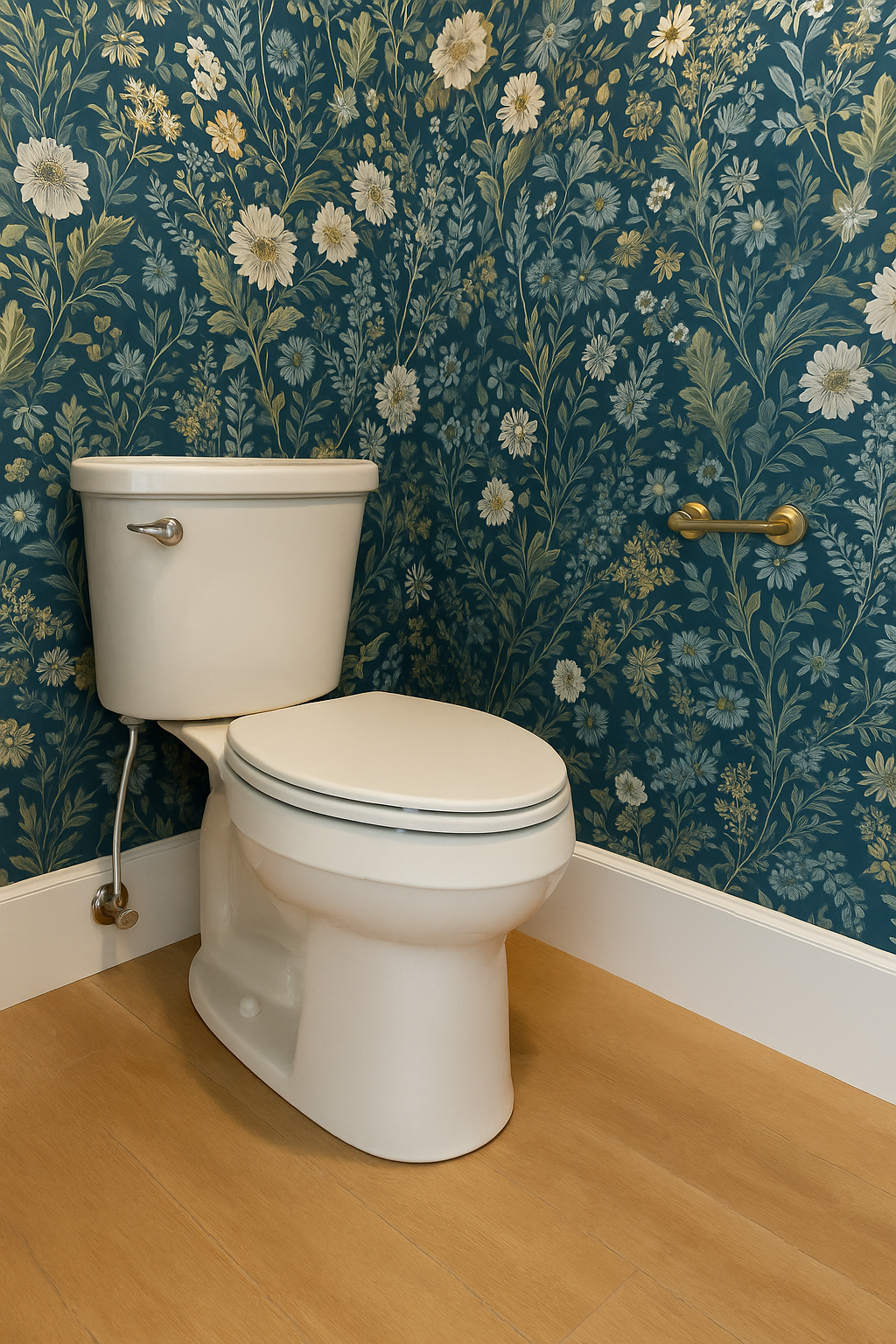 Powder room toilet area featuring blue floral wallpaper, brass hardware, and light wood flooring in a Worcester, MA remodel.
