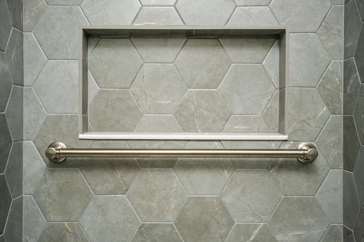 Built-in tiled shower niche with Delorean Gray trim and Cloud Gray niche sill, Holden MA bathroom remodel