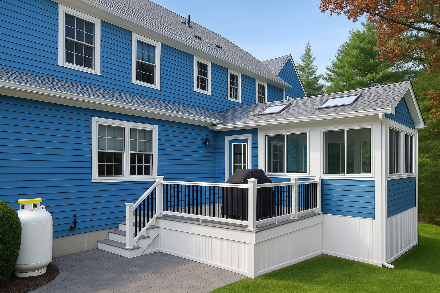 4-season room addition exterior in Stow MA with matching siding, deck access, and asphalt shingle roof