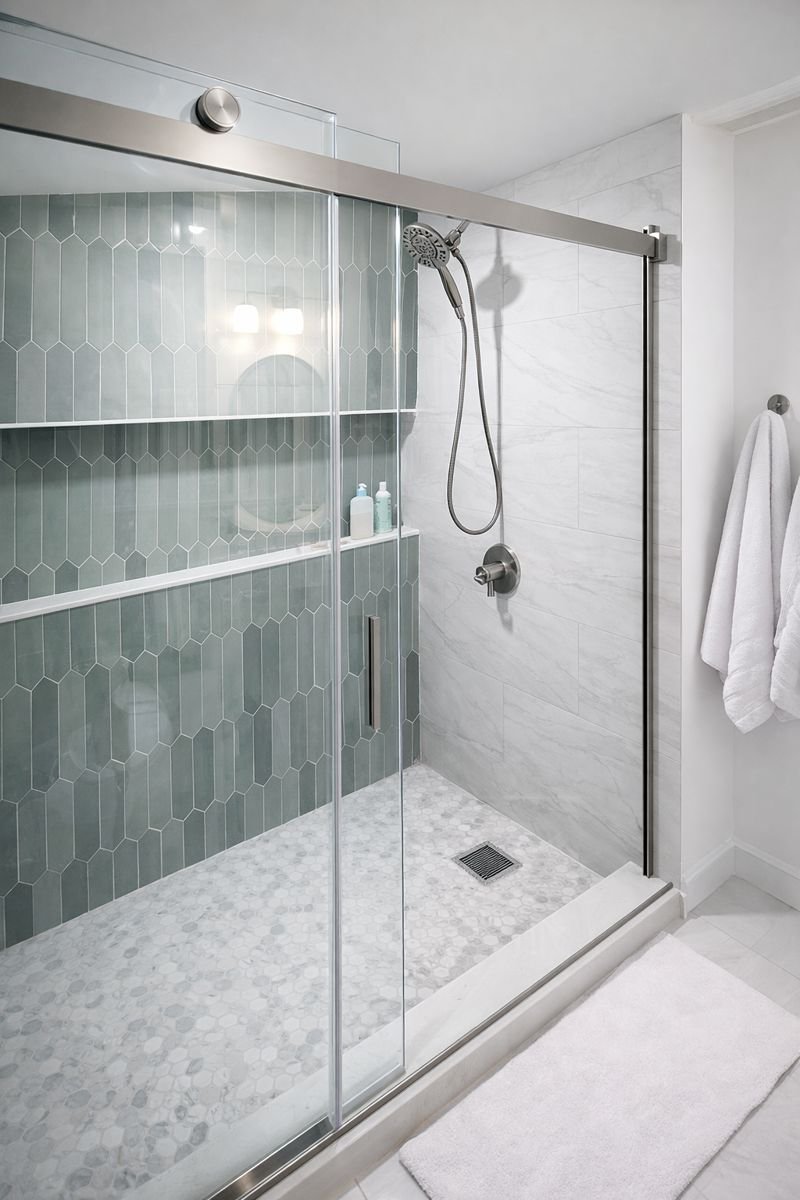 Walk-in shower with frameless glass and custom tile in a Marlborough MA dormer expansion bathroom remodel