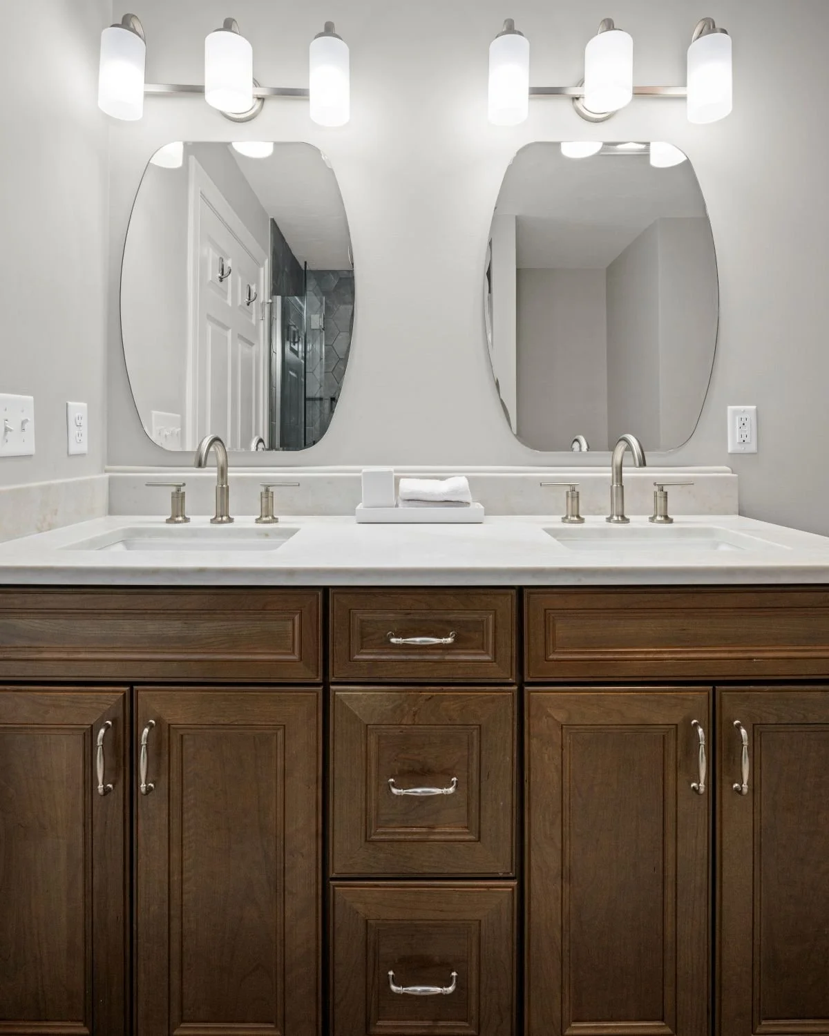 Waypoint Cherry Clove 750F double vanity with Taj Mahal quartz countertop, dual undermount sinks, satin nickel Chesapeake pulls and Delta Altado faucets, luxury bathroom remodel Holden MA