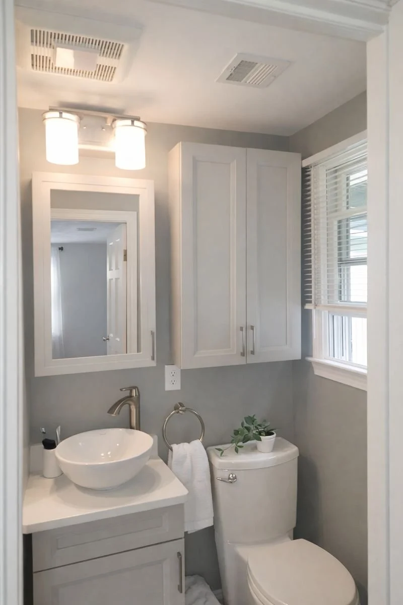 Bathroom vanity with modern lighting and cabinetry in family room addition