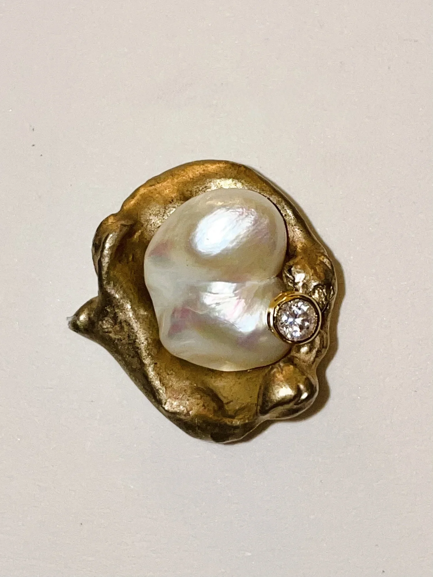 "Water series" (recycled brass castings with pearl &amp; diamond from estate sale) 