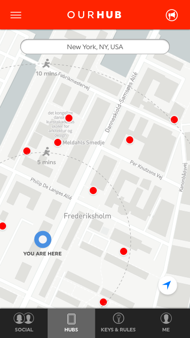 When you have signed in - a map like this will appear. You are the blue dot and the red dots are hub placements. Press on them to see what kind of hub it is (petanque/croquet etc). When you press it, it will show if it's booked or available. 