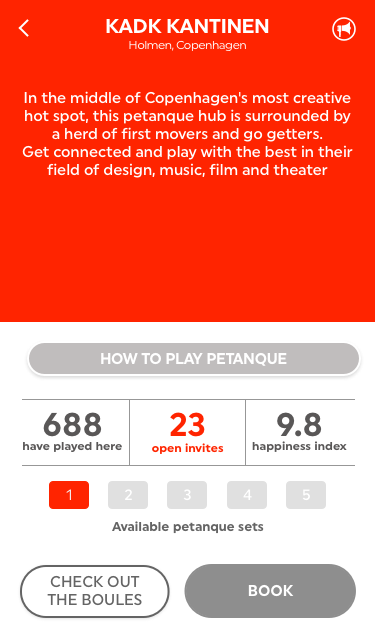When you book the hub, you can see how many available sets are in there. This way you can check if there's enough for your game. The available amount is the red box = 1 available petanque set in this case. Can't remember the rules? Press the how to play petanque for a quick run through, then you know how many sets of objects you need.