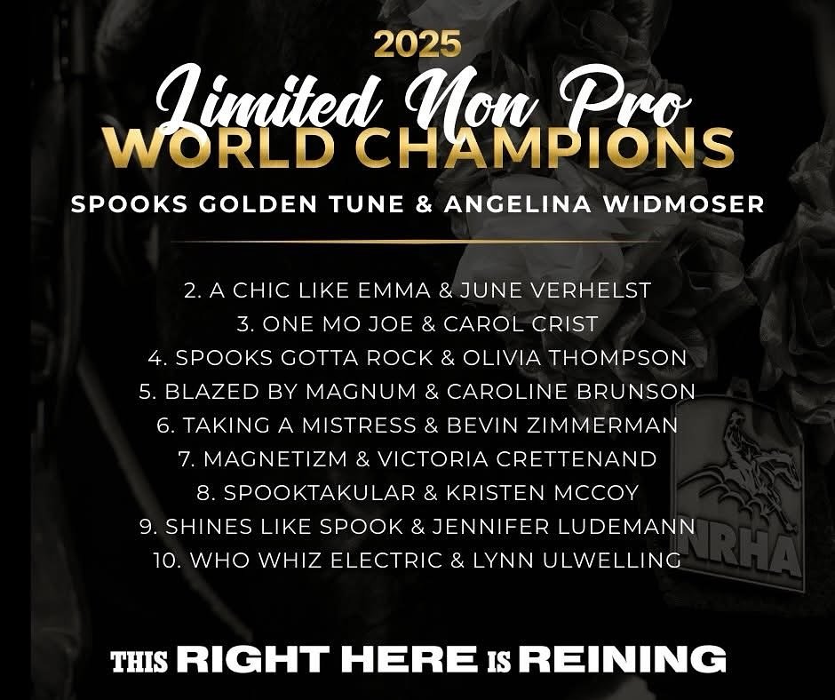 Big shoutout to Kristen McCoy and Spooktakular, 8th in the world in the NRHA Limited Non Pro World for 2025!

#schaffhauserph
#gotheextramile
#teamssph
#nrha
#samschaffhauser
#tributefeed
#mullinaxcustomleather
#agava
#diamondwoolpads
#crossjtack
#gl
