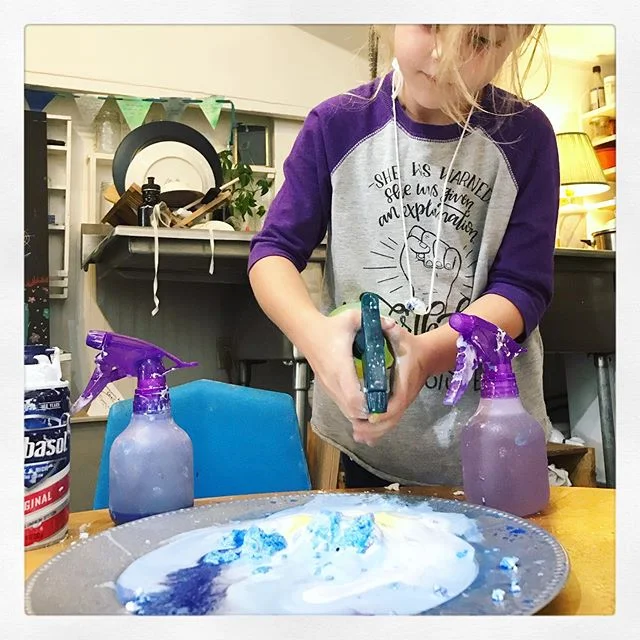 Sensory play! .
.
Today we explored with shaving cream and colored water in spray bottles. It was oozy and gooey and one big child led beautiful MESS! I posted more in my stories.
.
.
I&rsquo;ve never met a child who didn&rsquo;t get super excited ab
