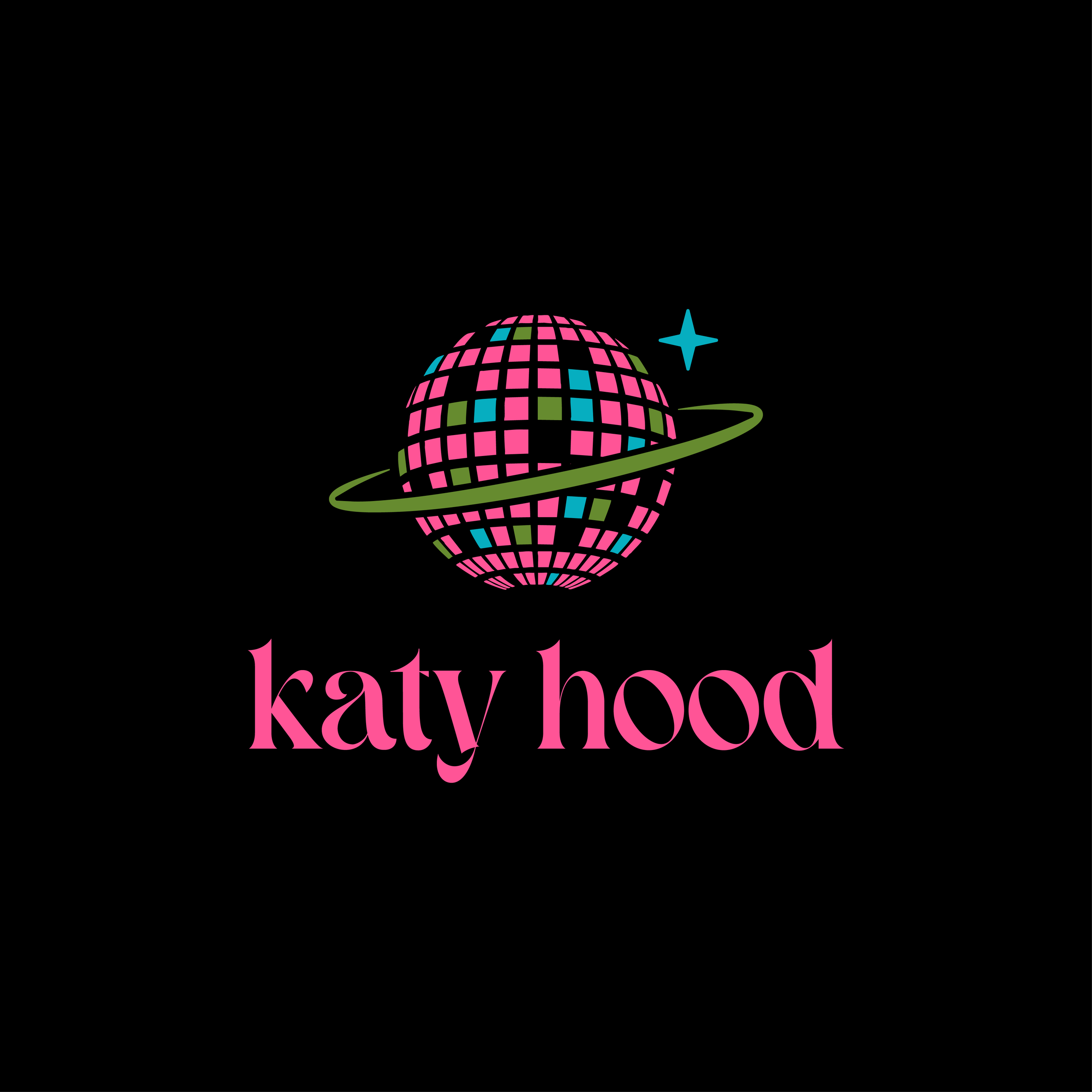 Colorful mosaic disco ball with a ring, blue star, and stylized text "katy hood" in pink on a black background.