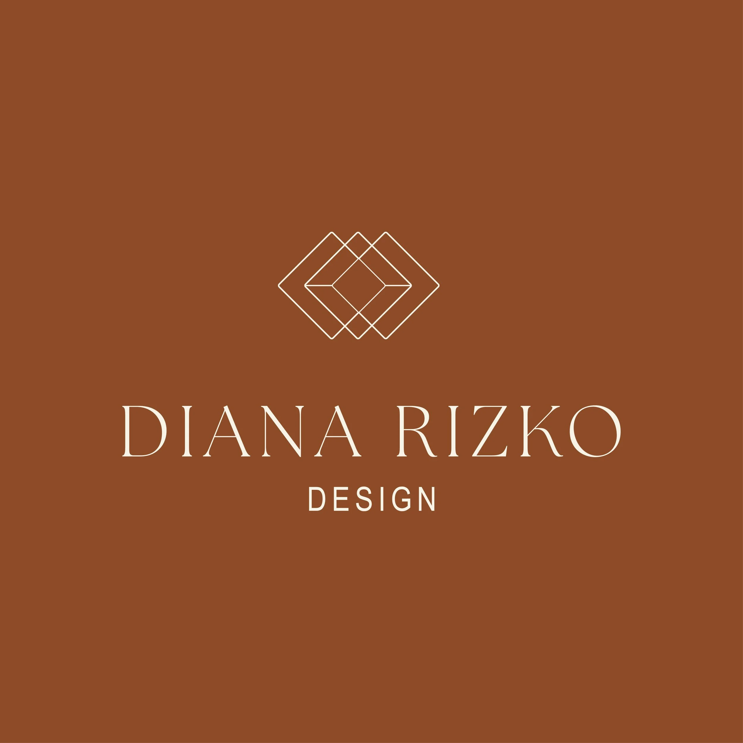 Logo on brown background with geometric design and text "DIANA RIZKO DESIGN."
