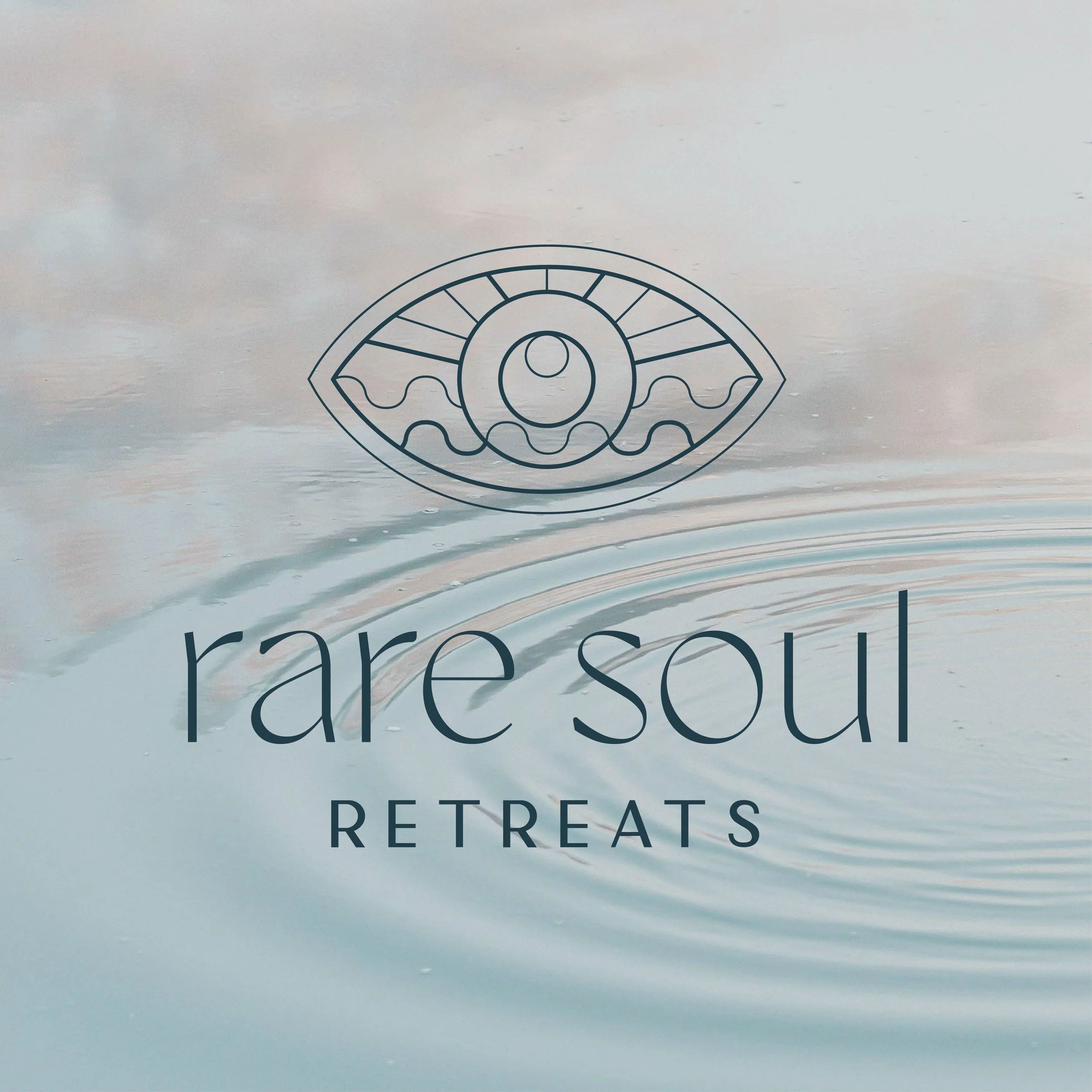 Logo for Rare Soul Retreats on a watery background featuring a stylized eye graphic.