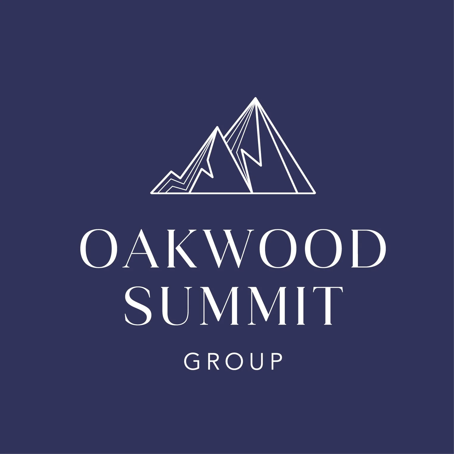 Logo with simple mountain illustration above the words 'Oakwood Summit Group' on a dark blue background.