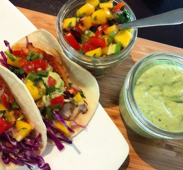 Fish Tacos with Fresh Mango Salsa and Avocado Creama