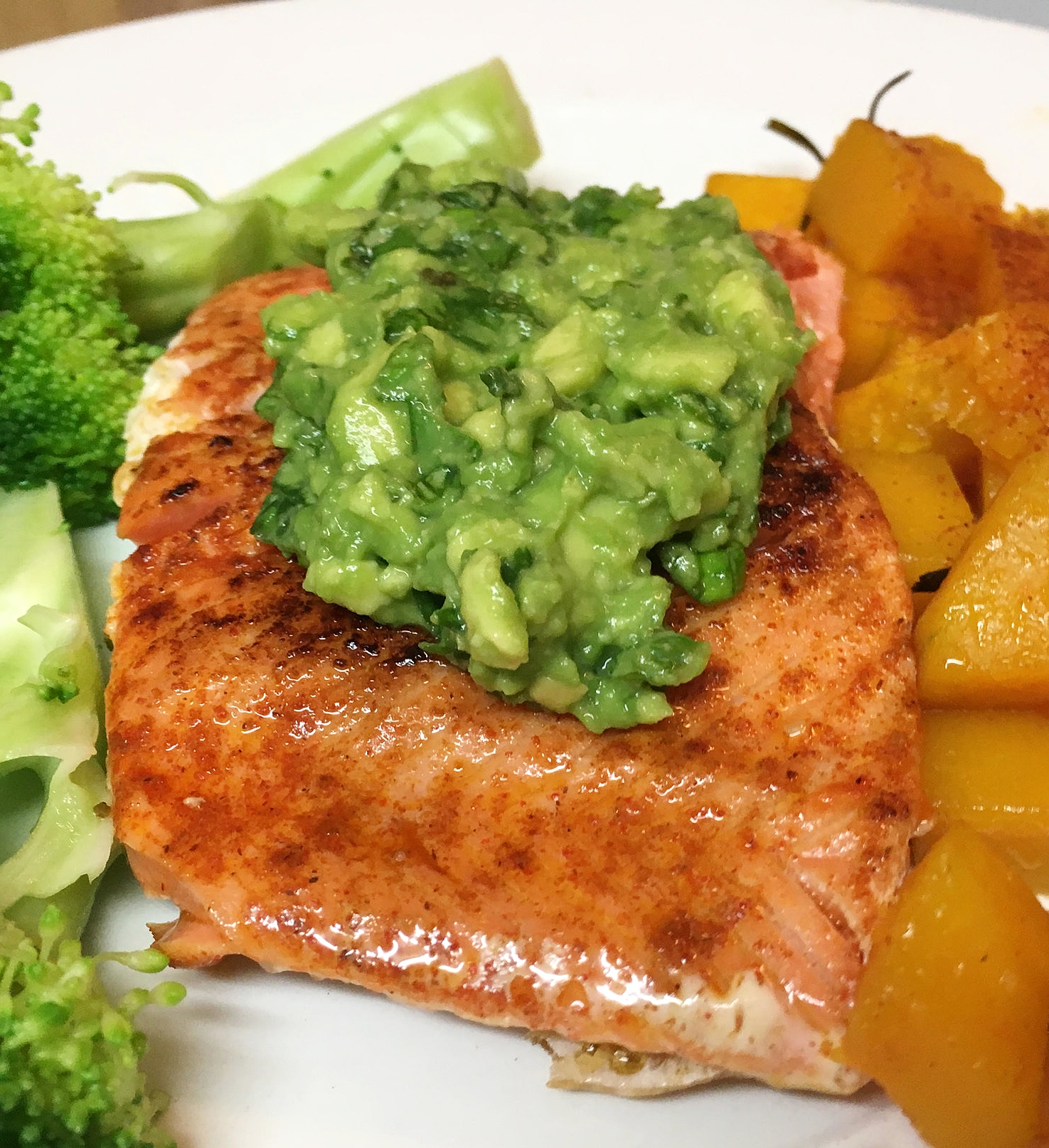 Seared Salmon with Basil Avocado Mash