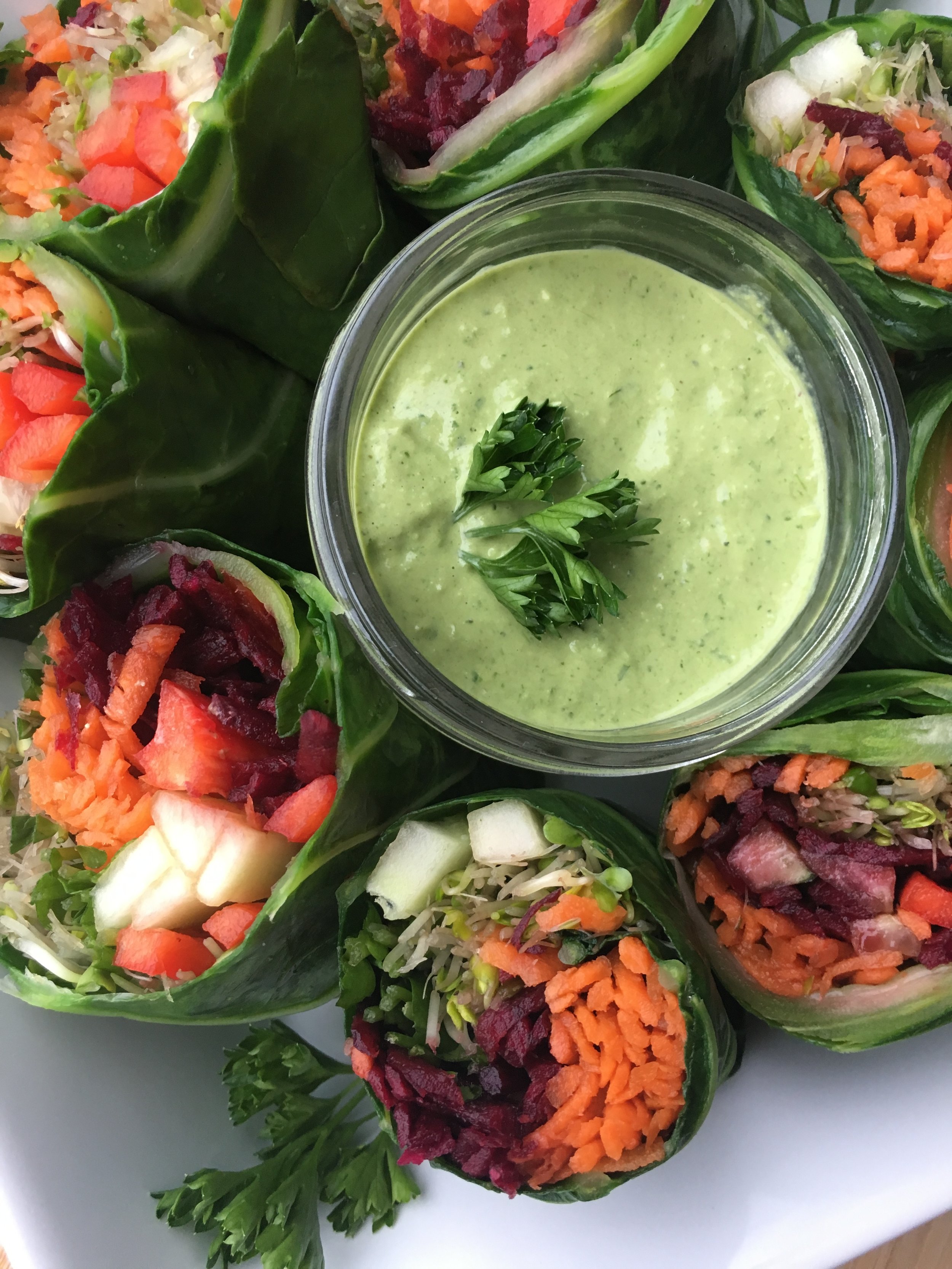 Collard Veggie Wraps with Green Miso Tahini Dipping Sauce