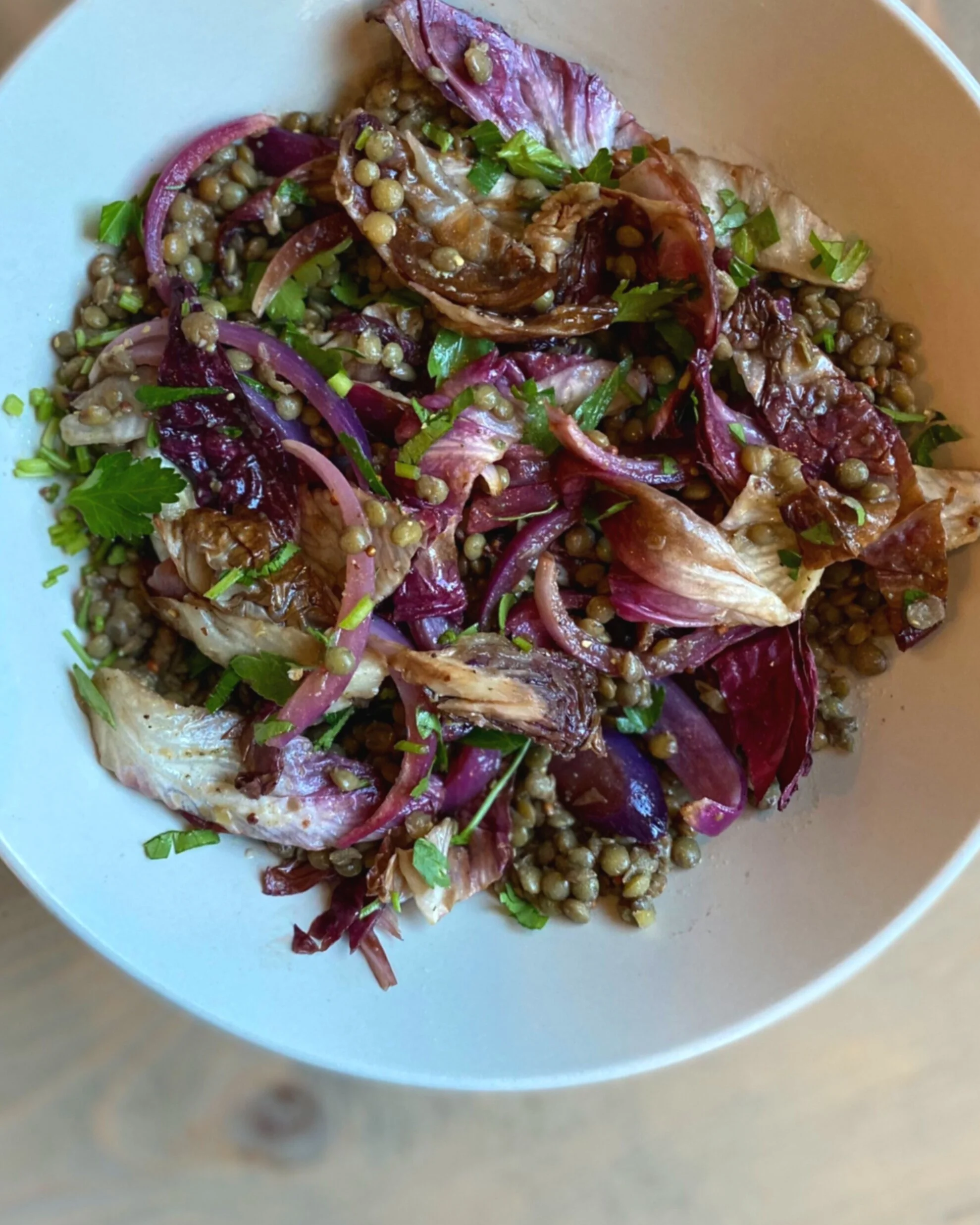 Warm Roasted Winter Veg and Lentil Salad with Roasted Garlic Vinaigrette  