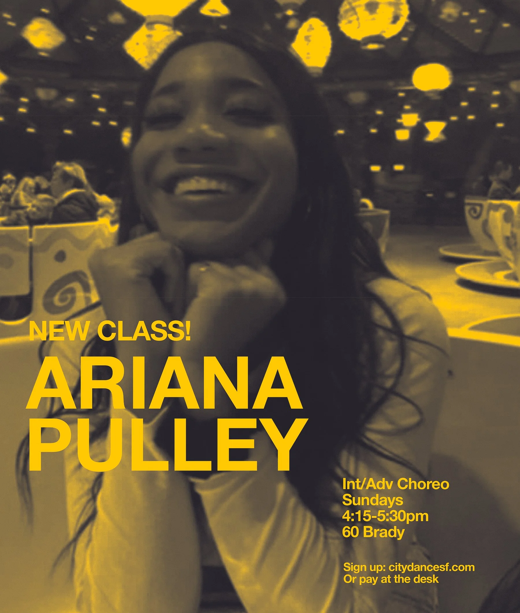 Ariana is now teaching a weekly class! Dance with her on Sundays at 4:15pm | 60 Brady | CLICK ON PIC TO SIGN UP ^ Or pay at the desk