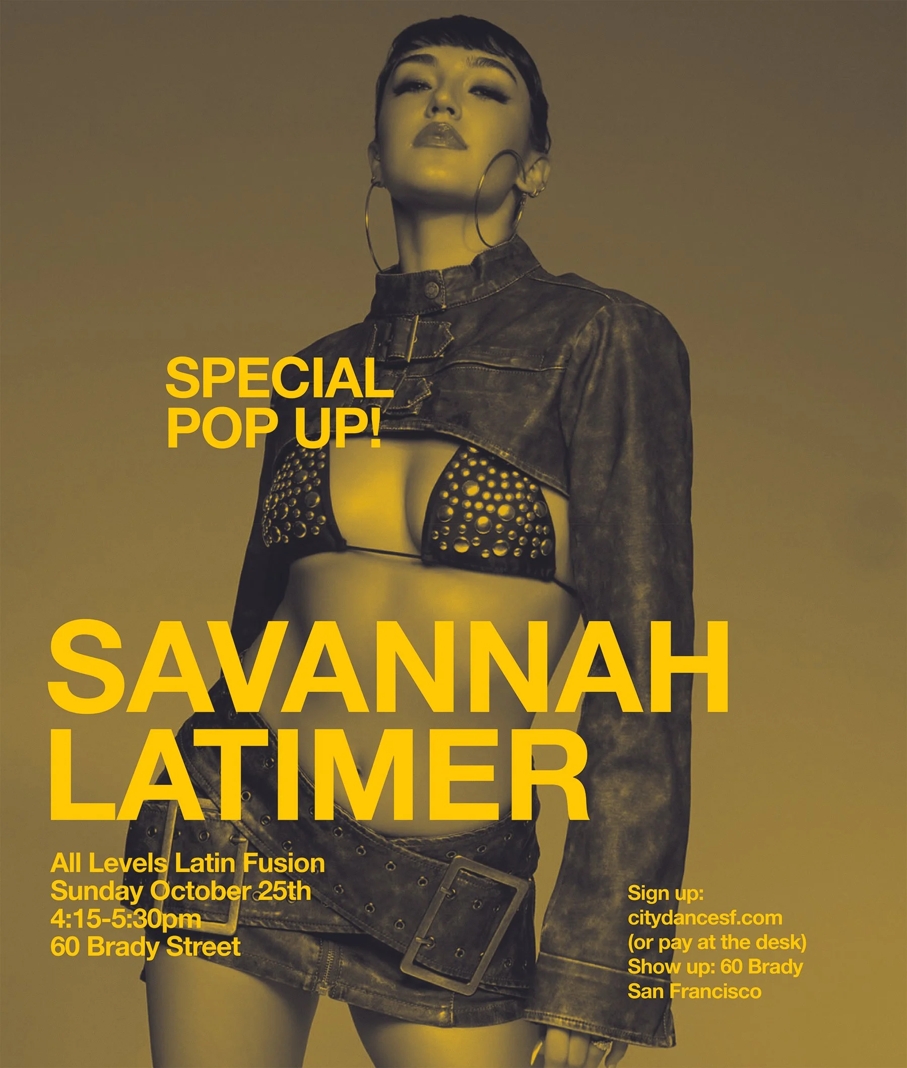Sunday October 25th! Savannah Latimer will be in town and she's teaching Latin Fusion at 4:15pm! | 60 Brady | Click on pic to sign up ^ or pay at the studio :)