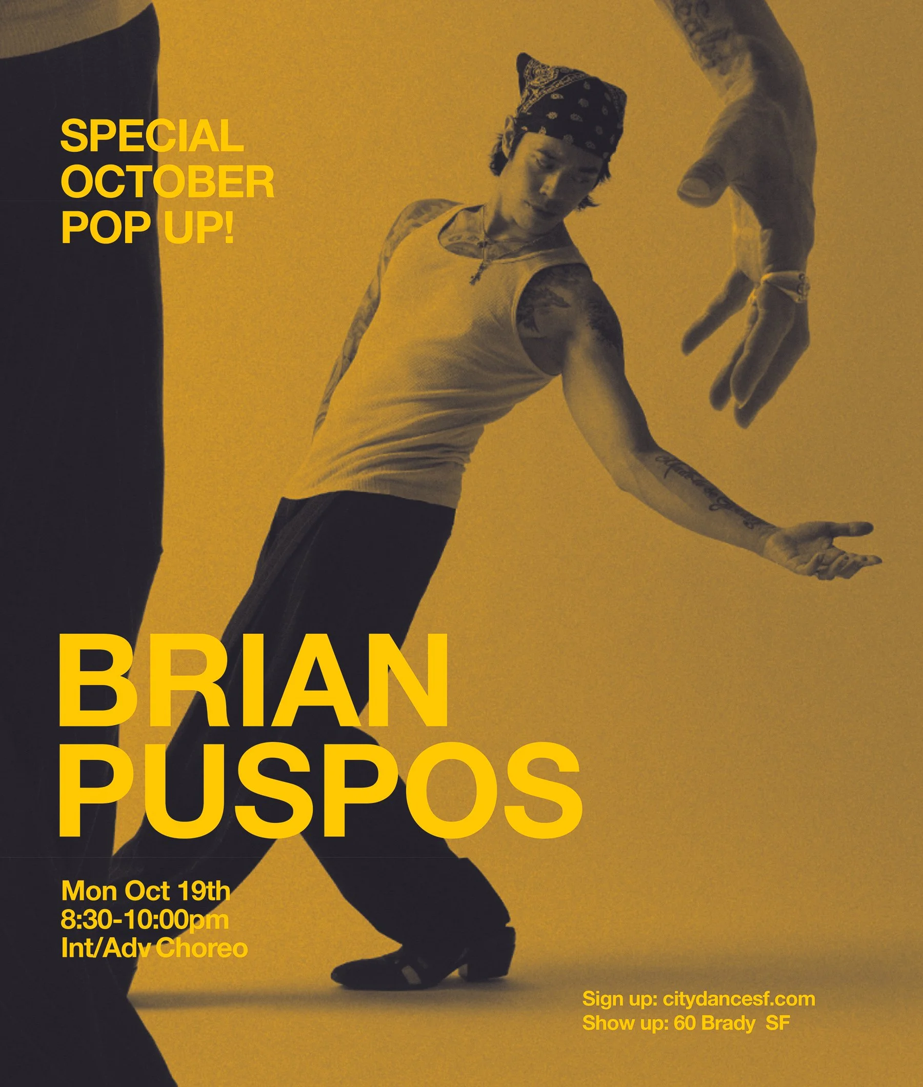 Monday October 19th! Brian Puspos will be back! It's been too long and we can't wait to dance with him again :) Join us at 8:30pm | 60 Brady | Click on pic to sign up ^ or pay at the desk ($5 more)