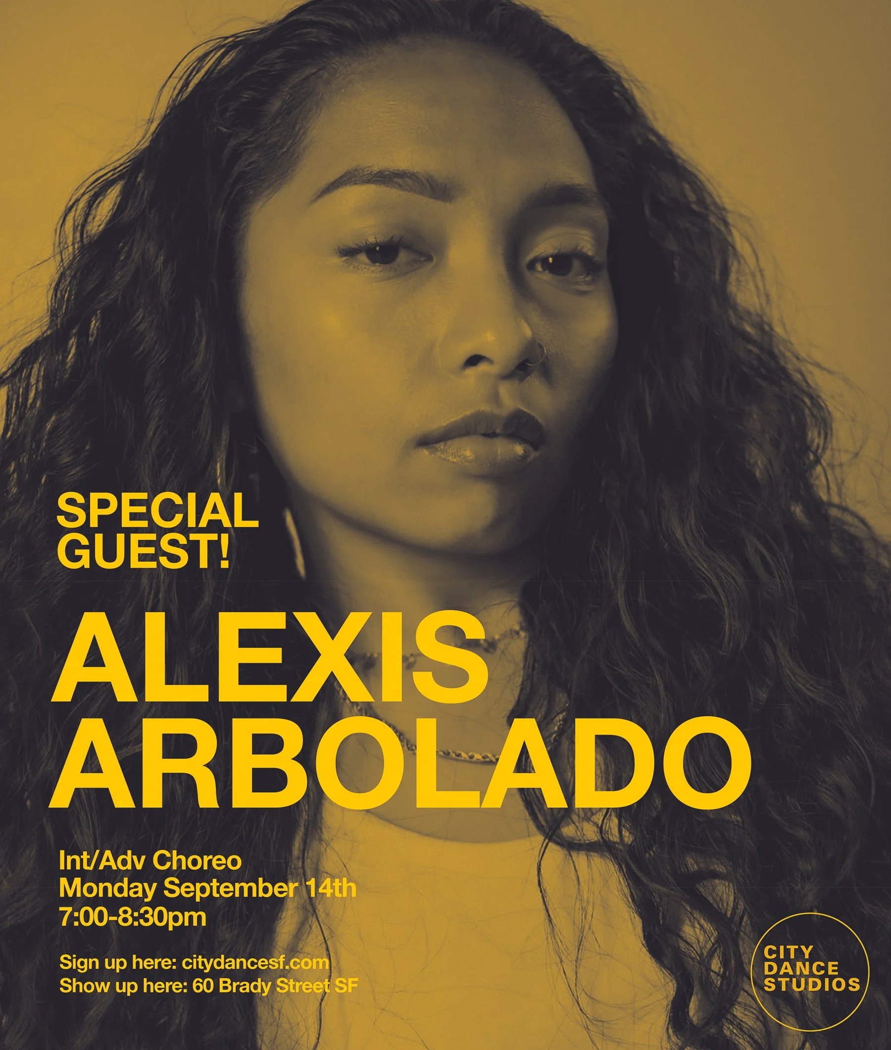 Monday Sept 14th! Dance with Alexis "Lex" Arbolado at 7:00pm! | 60 Brady | click on pic to sign up ^ or pay at the studio